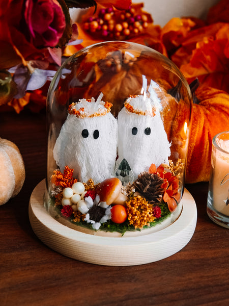 Autumnal Ghost Besties In Glass Cloche