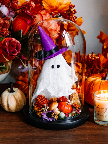 Autumnal Witch Ghostie In Glass Cloche