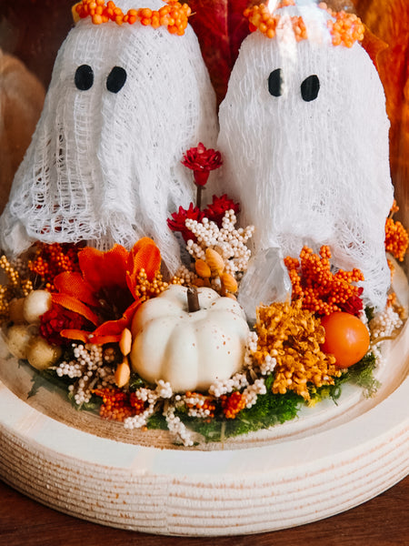 Autumnal Ghost Besties In Glass Cloche