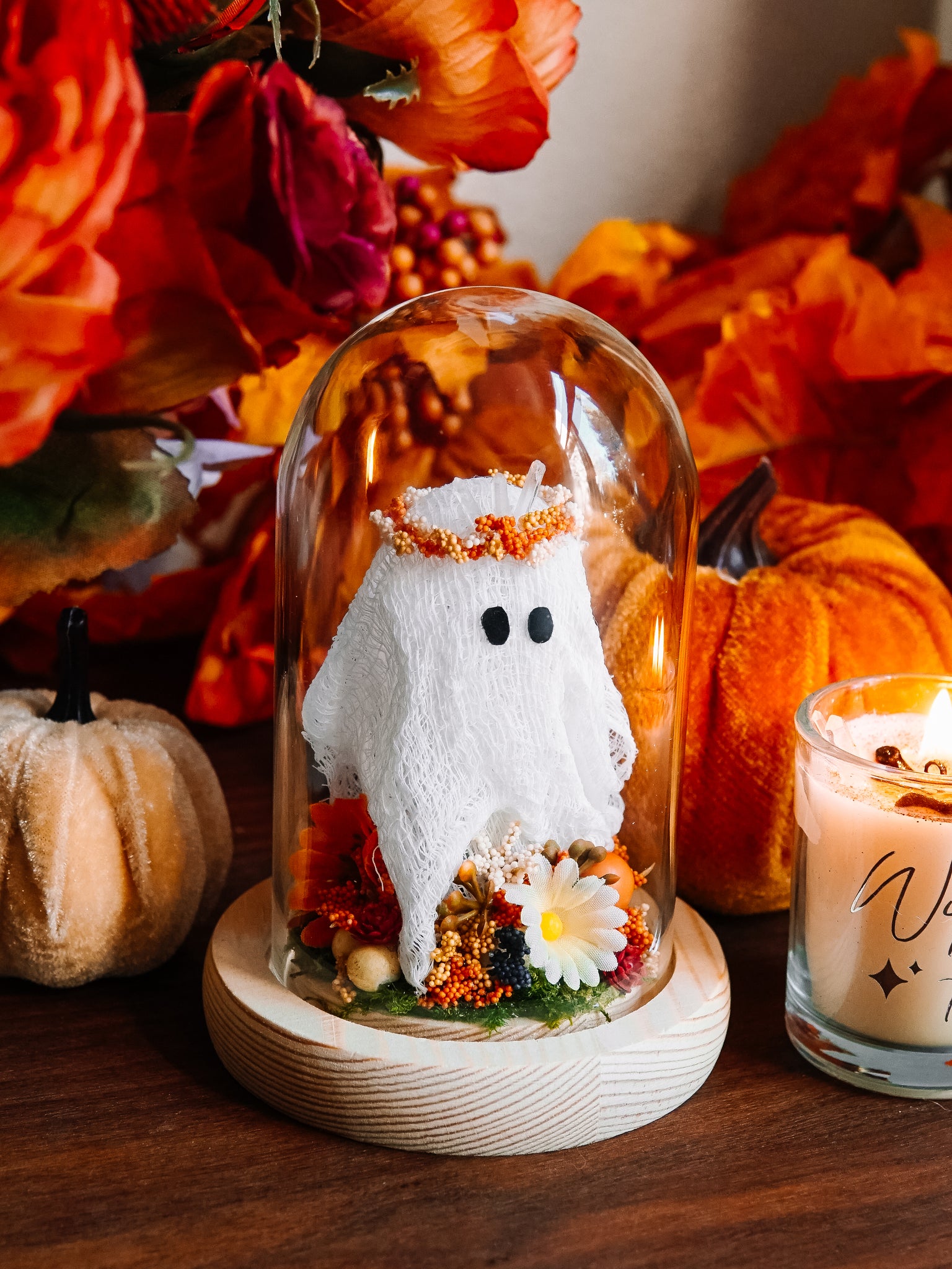 Autumnal Ghostie In Glass Cloche (Itty Bitty)