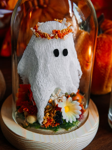 Autumnal Ghostie In Glass Cloche (Itty Bitty)