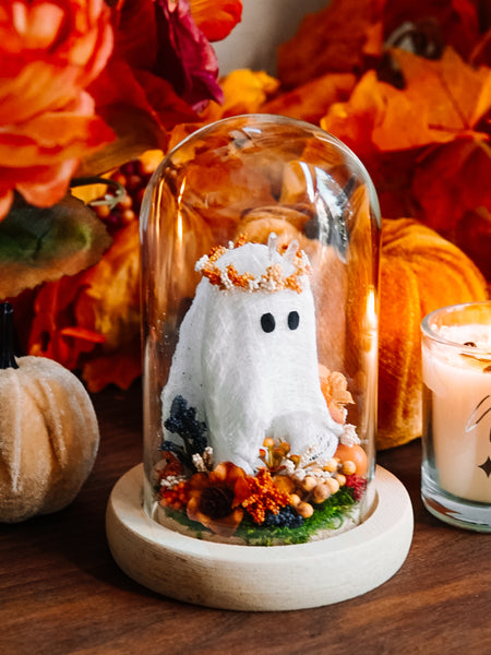 Autumnal Ghostie In Glass Cloche (Itty Bitty)