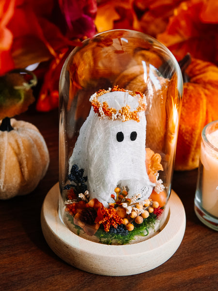 Autumnal Ghostie In Glass Cloche (Itty Bitty)