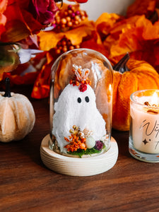 Autumnal Ghostie In Glass Cloche (Itty Bitty)