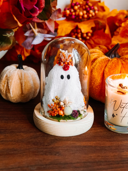 Autumnal Ghostie In Glass Cloche (Itty Bitty)