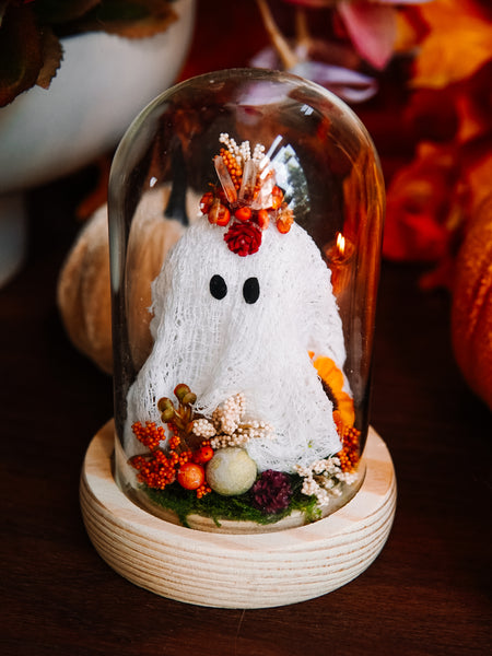 Autumnal Ghostie In Glass Cloche (Itty Bitty)