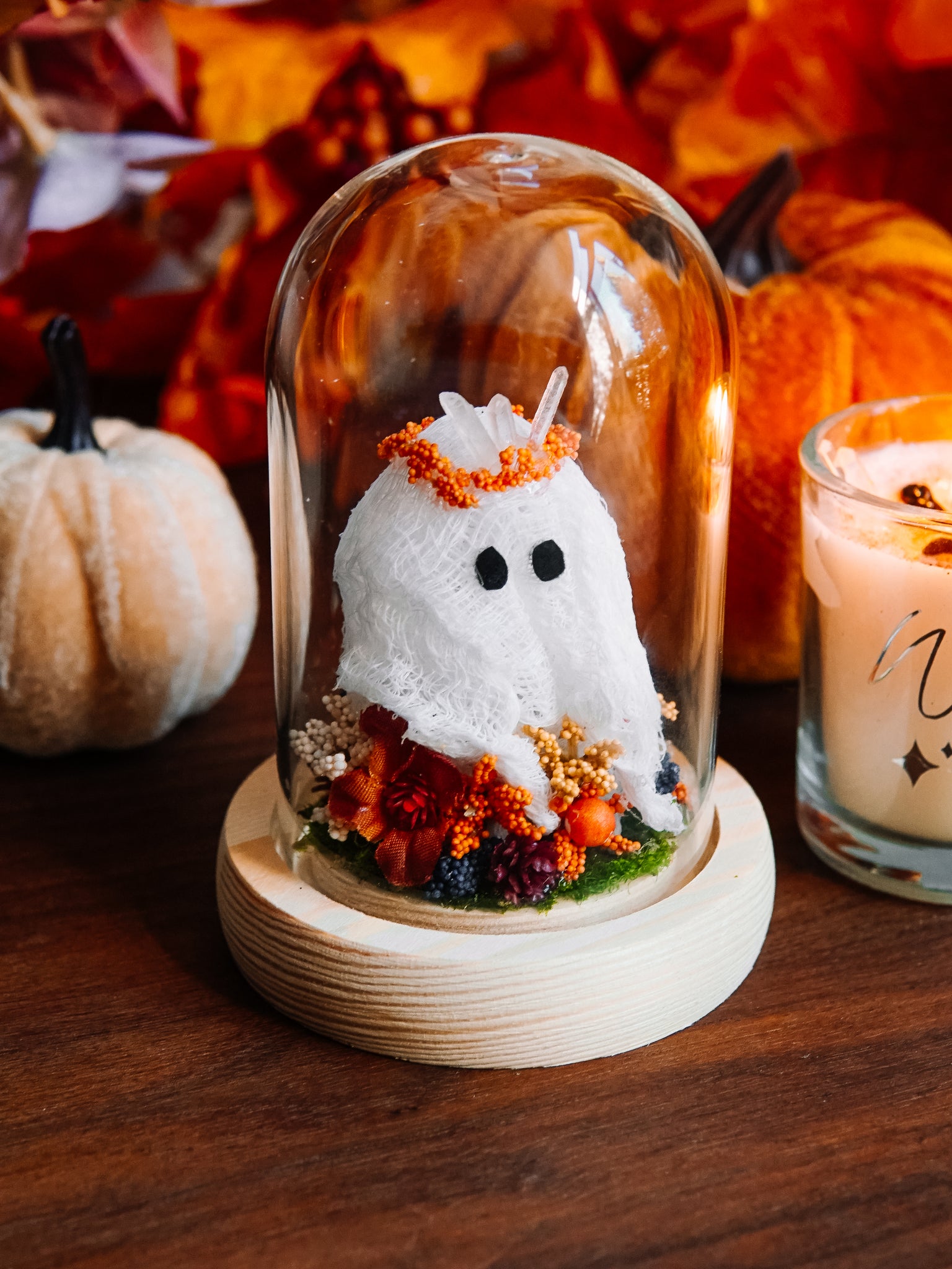 Autumnal Ghostie In Glass Cloche (Itty Bitty)