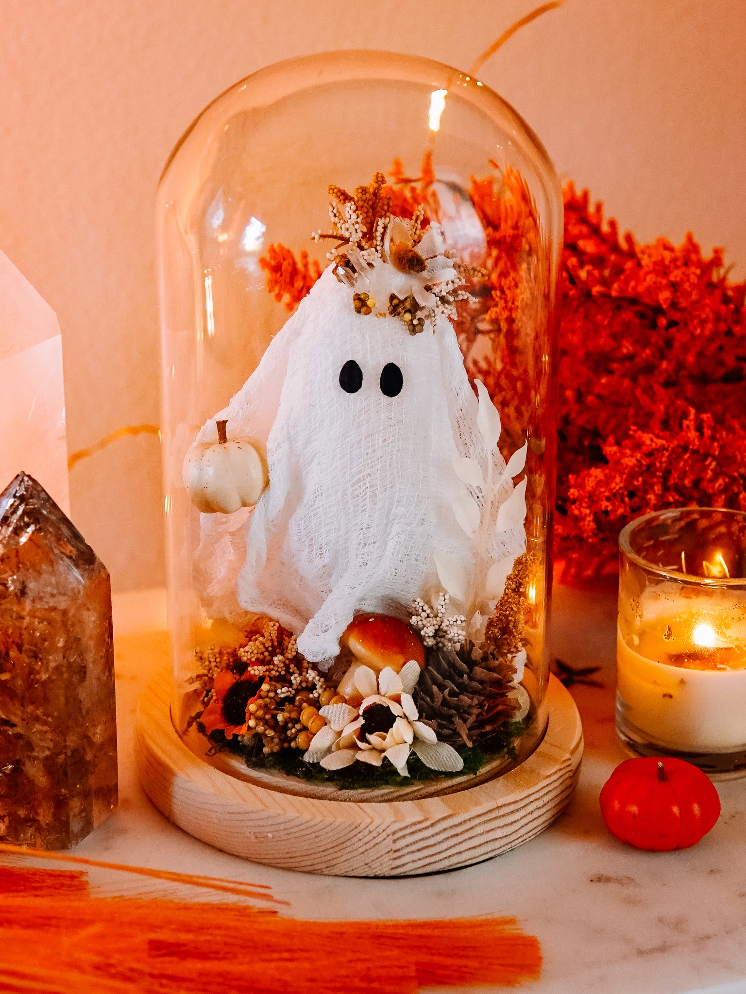 Autumnal Ghostie In Glass Cloche