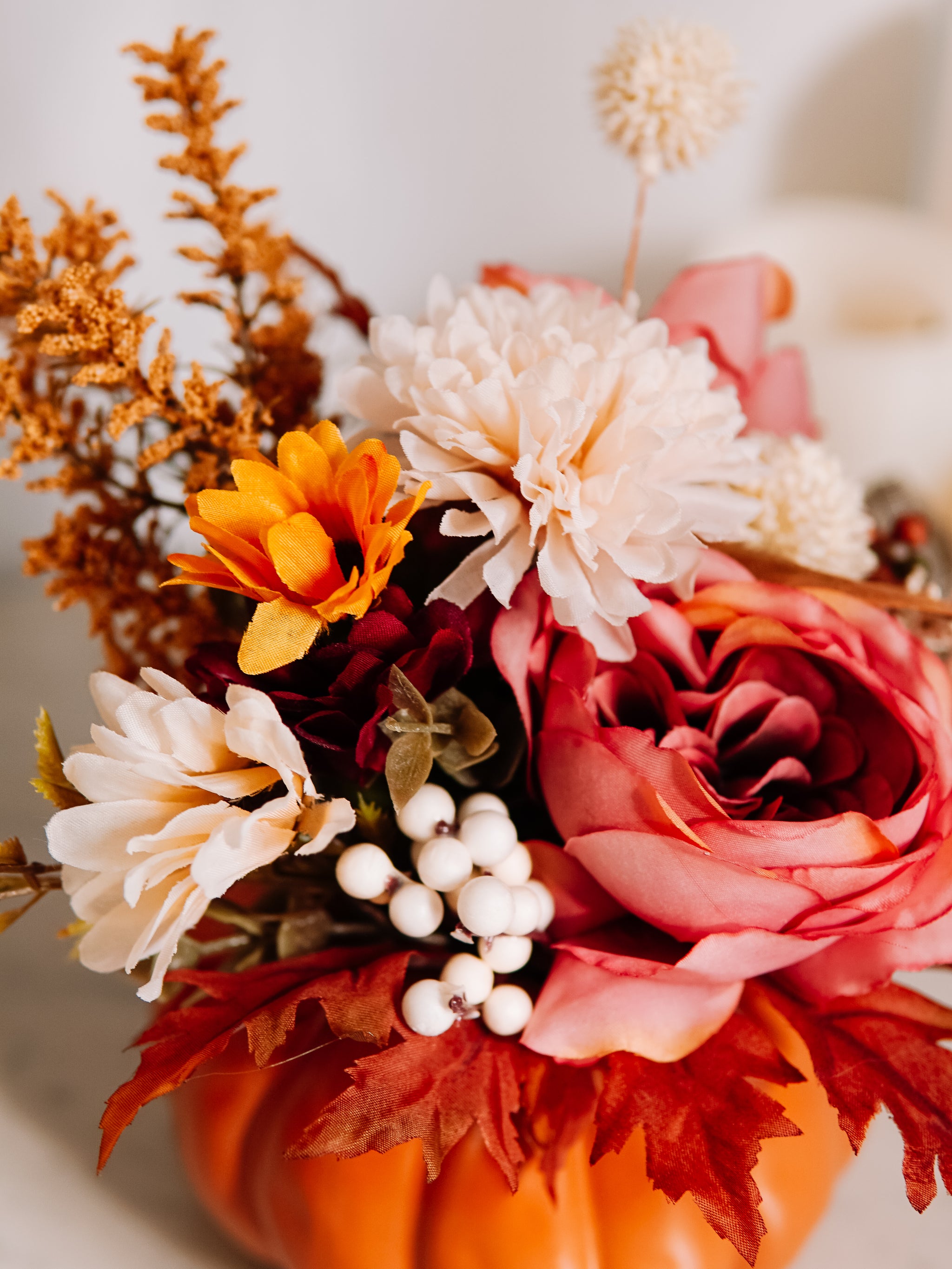 Faux Flower Arrangement in Ceramic Pumpkin - Fall Centerpiece - Faux Ranunculus, Hydrangeas and selling Mums Mix - small