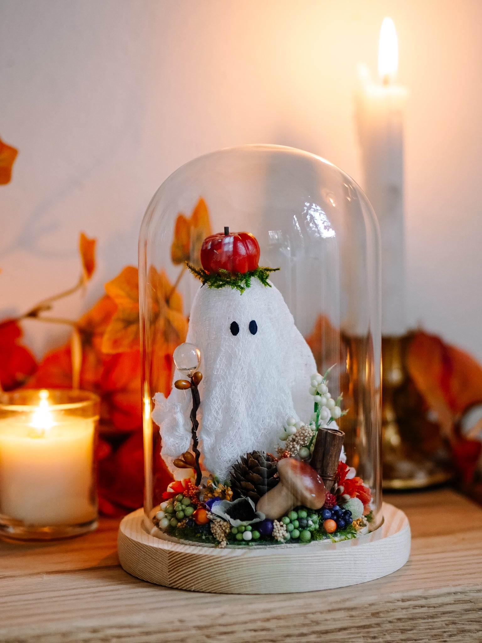 Autumnal Ghostie In Glass Cloche