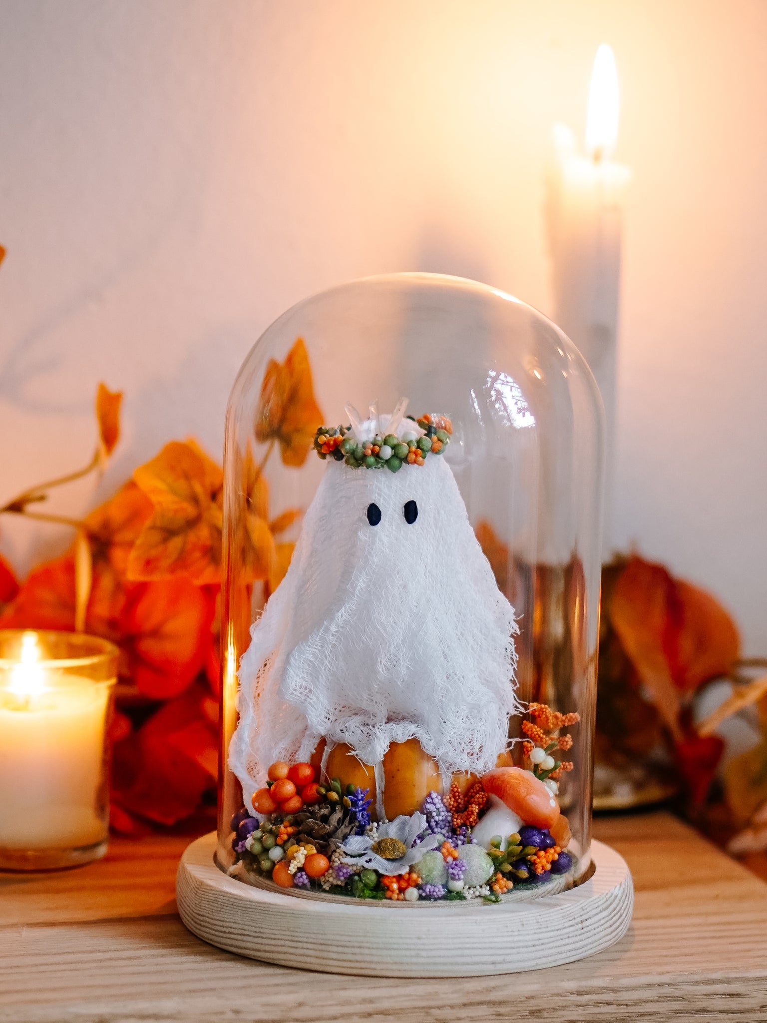 Autumnal Ghostie In Glass Cloche