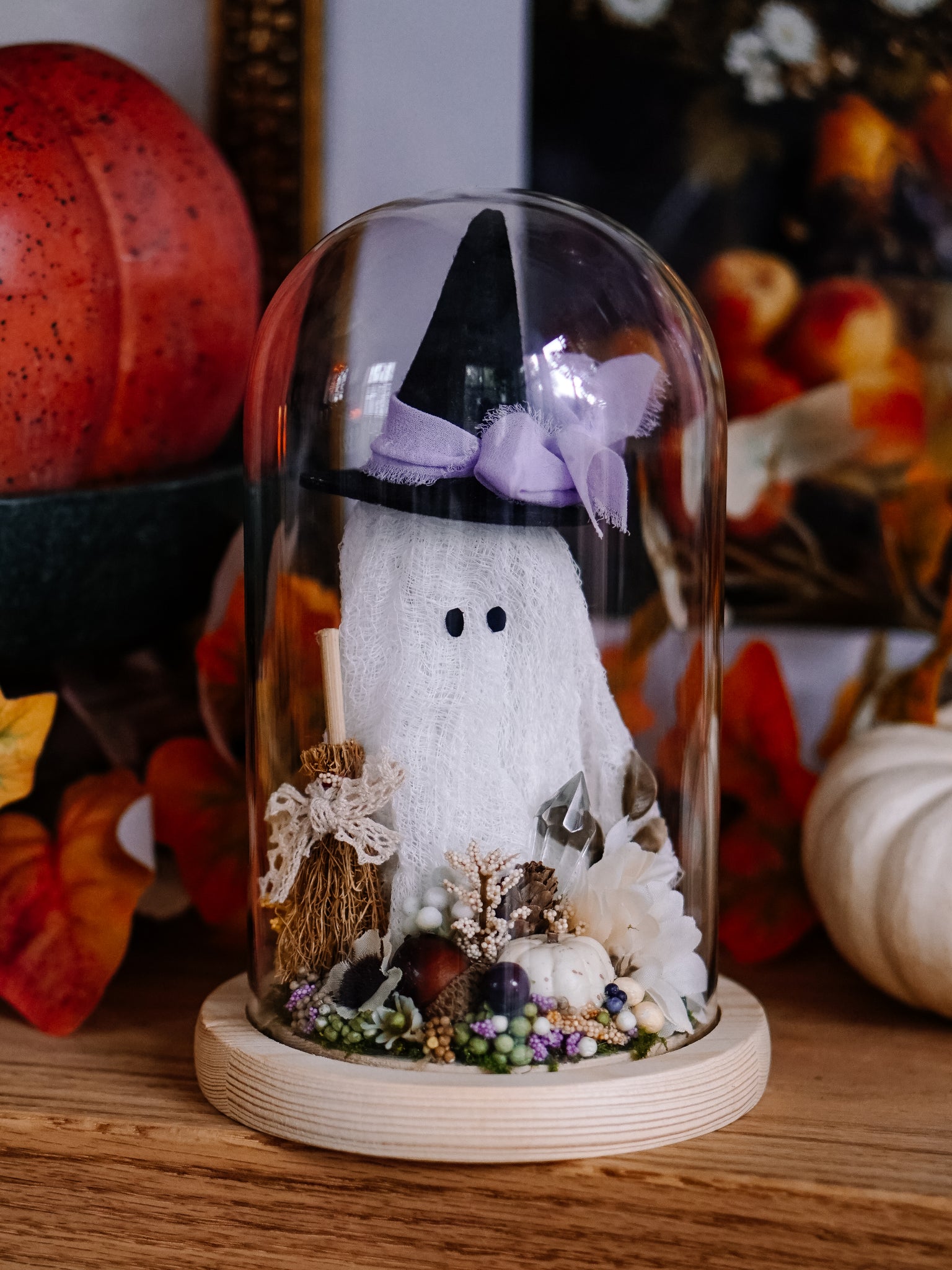 Autumnal Witch Ghostie In Glass Cloche