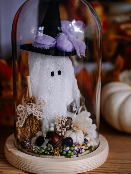 Autumnal Witch Ghostie In Glass Cloche