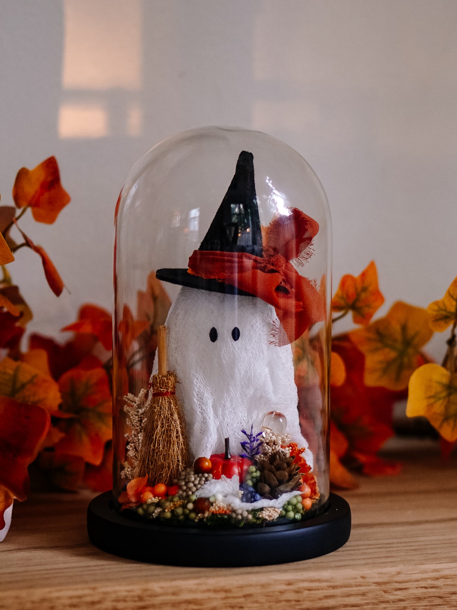 Autumnal Witch Ghostie In Glass Cloche