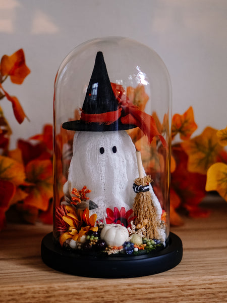 Autumnal Witch Ghostie In Glass Cloche
