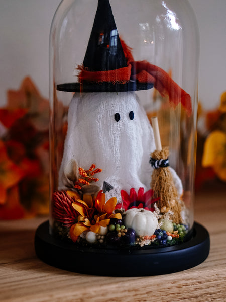 Autumnal Witch Ghostie In Glass Cloche