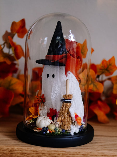 Autumnal Witch Ghostie In Glass Cloche