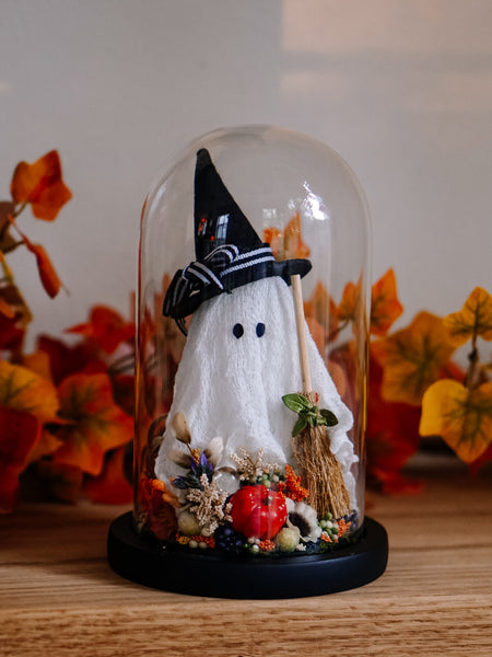 Autumnal Witch Ghostie In Glass Cloche