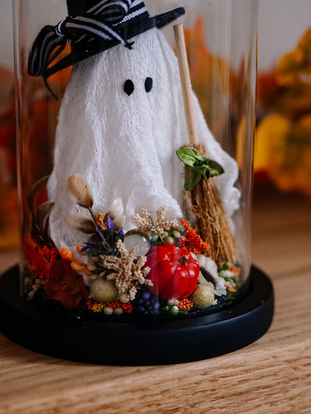 Autumnal Witch Ghostie In Glass Cloche