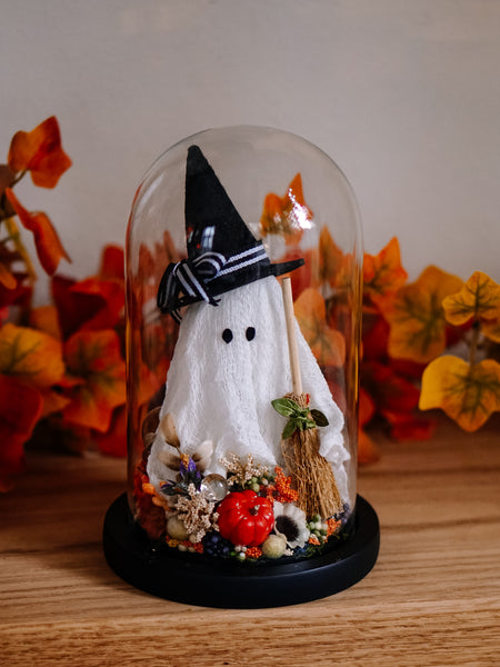 Autumnal Witch Ghostie In Glass Cloche