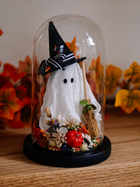Autumnal Witch Ghostie In Glass Cloche