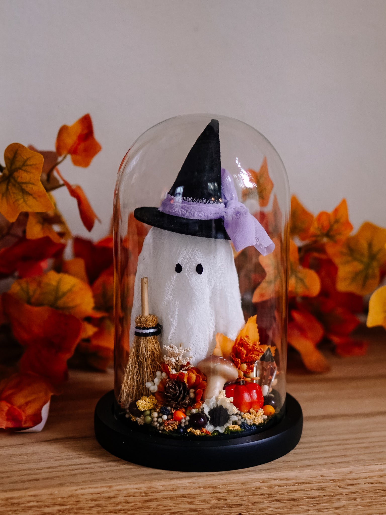 Autumnal Witch Ghostie In Glass Cloche