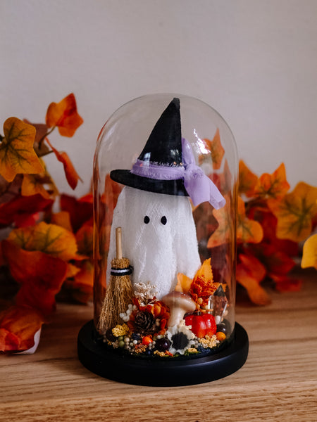 Autumnal Witch Ghostie In Glass Cloche