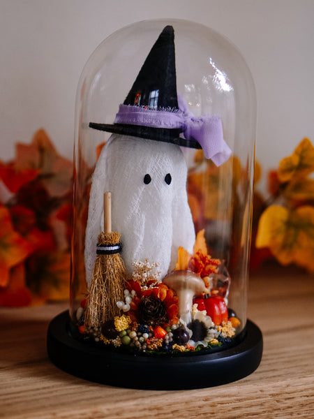 Autumnal Witch Ghostie In Glass Cloche