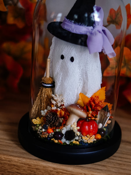 Autumnal Witch Ghostie In Glass Cloche