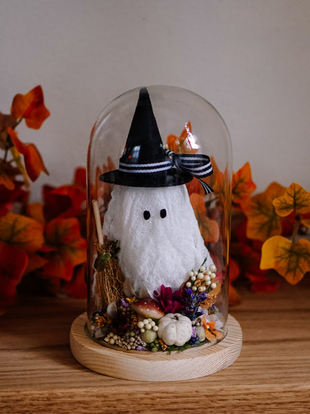 Autumnal Witch Ghostie In Glass Cloche