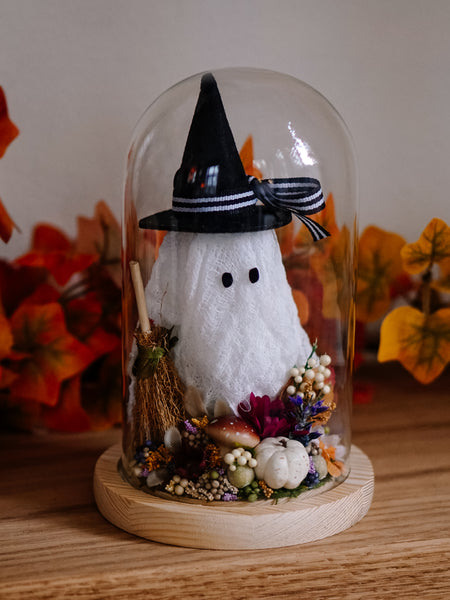 Autumnal Witch Ghostie In Glass Cloche