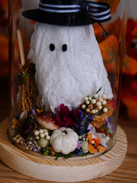 Autumnal Witch Ghostie In Glass Cloche