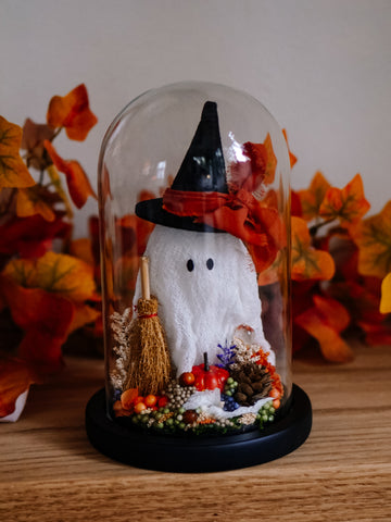 Autumnal Witch Ghostie In Glass Cloche