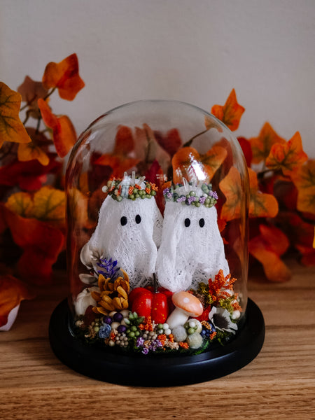 Autumnal Ghostie Besties In Glass Cloche