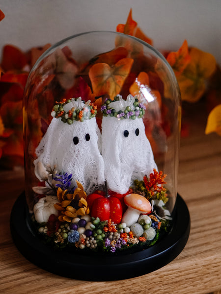 Autumnal Ghostie Besties In Glass Cloche