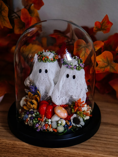 Autumnal Ghostie Besties In Glass Cloche