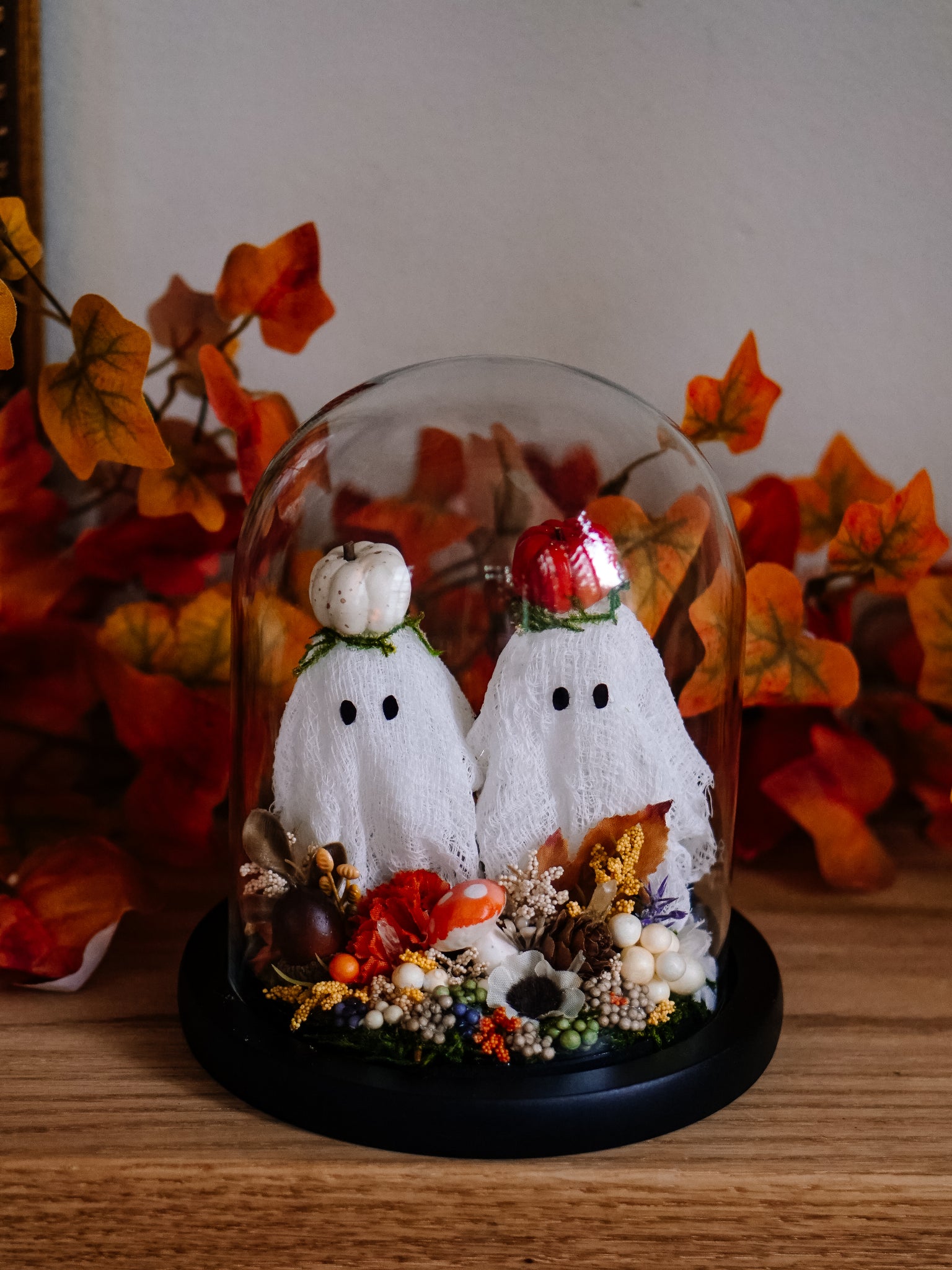 Autumnal Ghostie Besties In Glass Cloche
