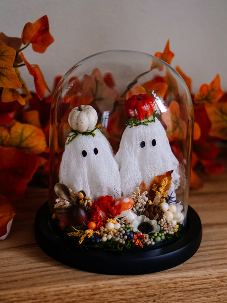 Autumnal Ghostie Besties In Glass Cloche