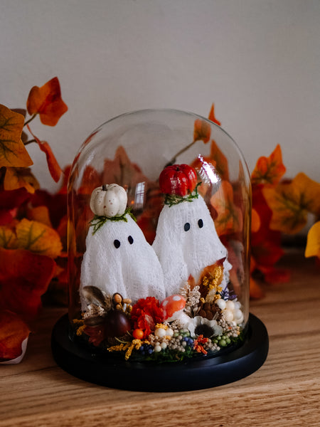 Autumnal Ghostie Besties In Glass Cloche