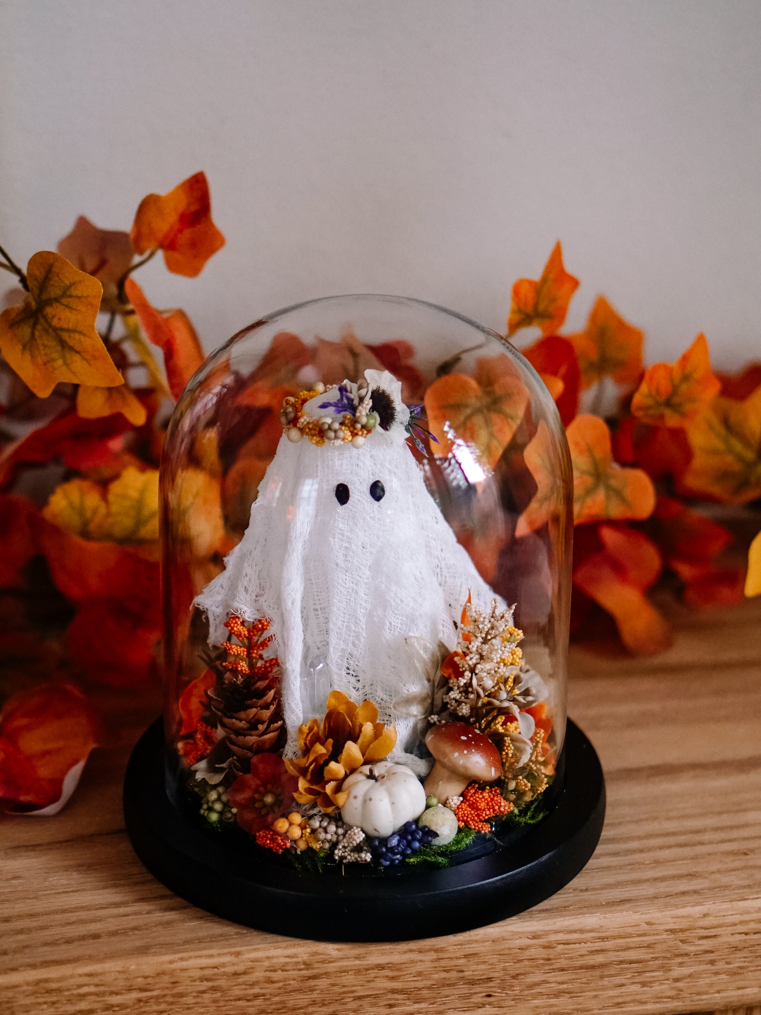 Autumnal Ghostie In Glass Cloche