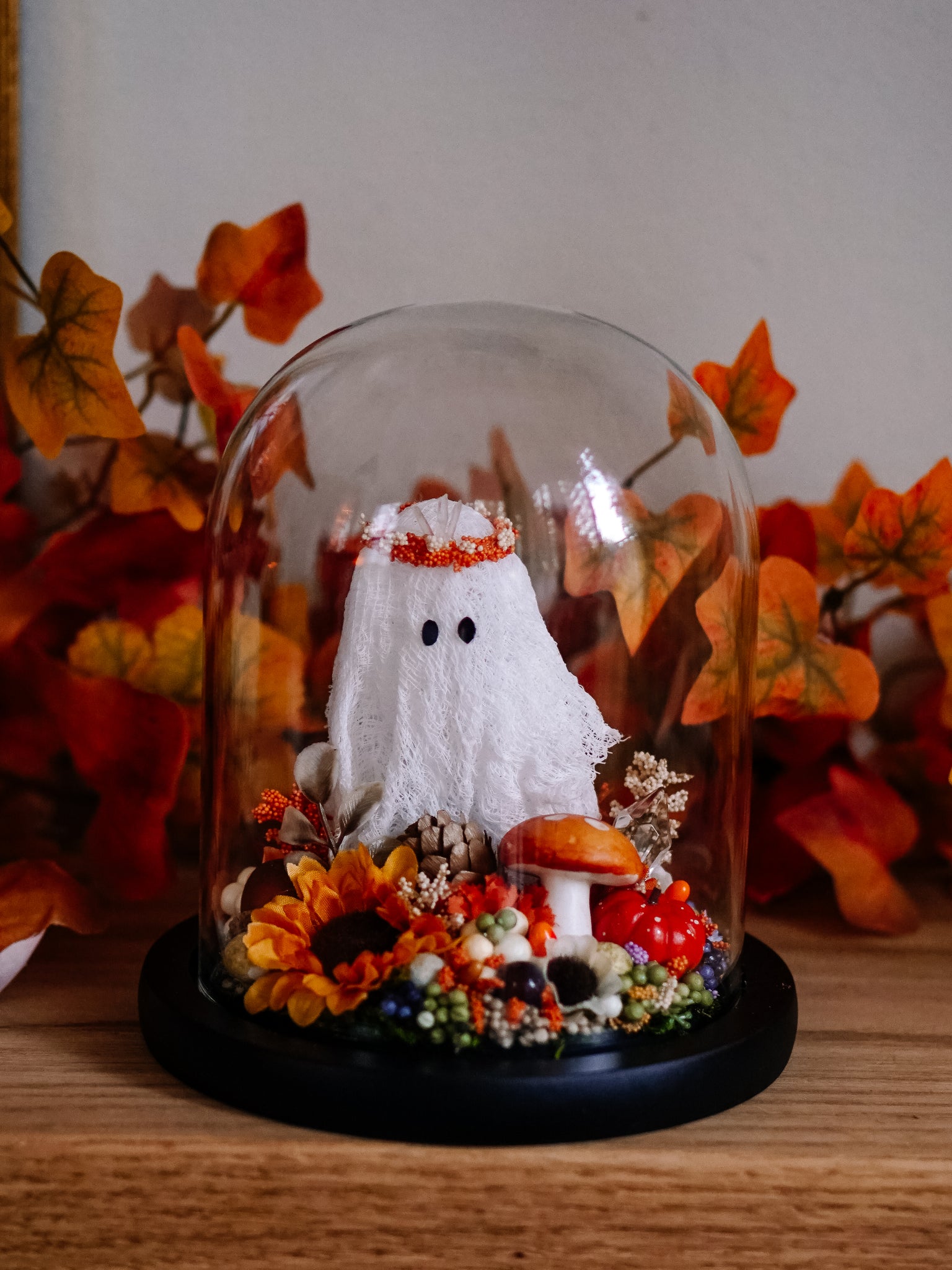 Autumnal Ghostie In Glass Cloche