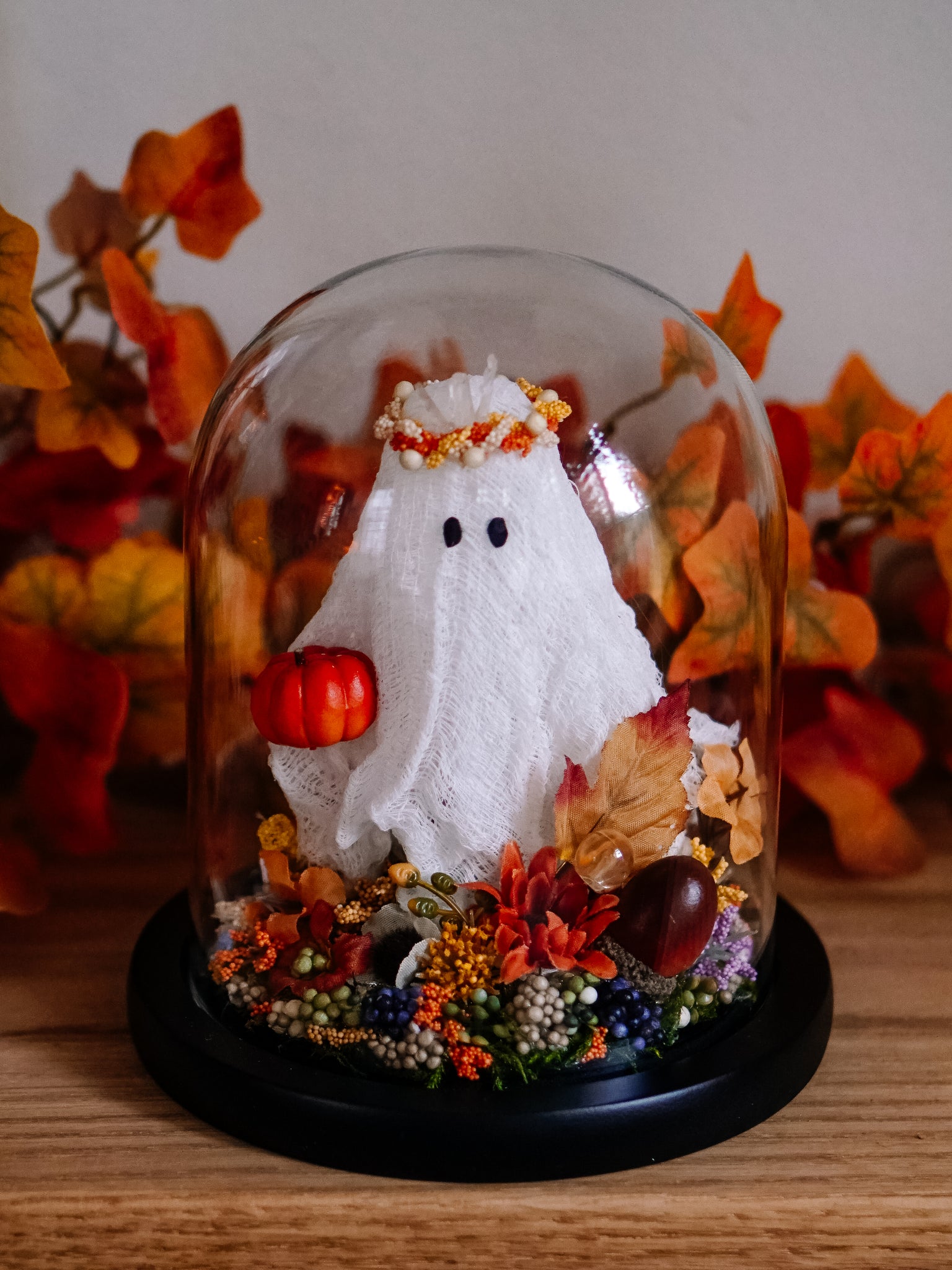 Autumnal Ghostie In Glass Cloche