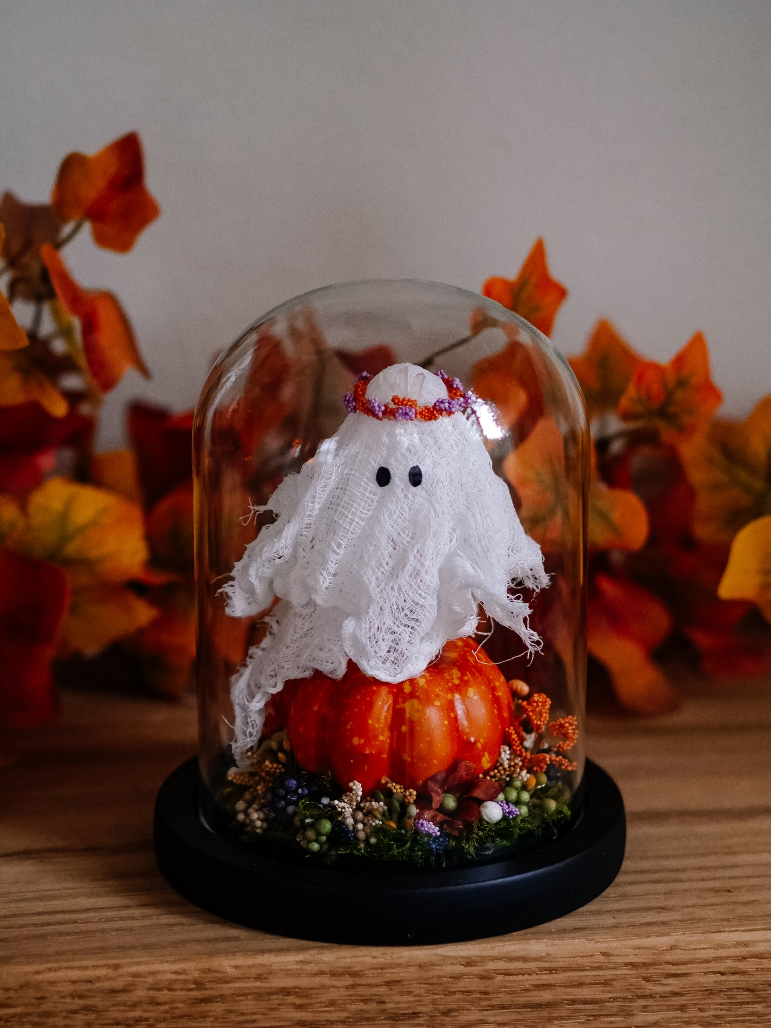 Autumnal Ghostie In Glass Cloche