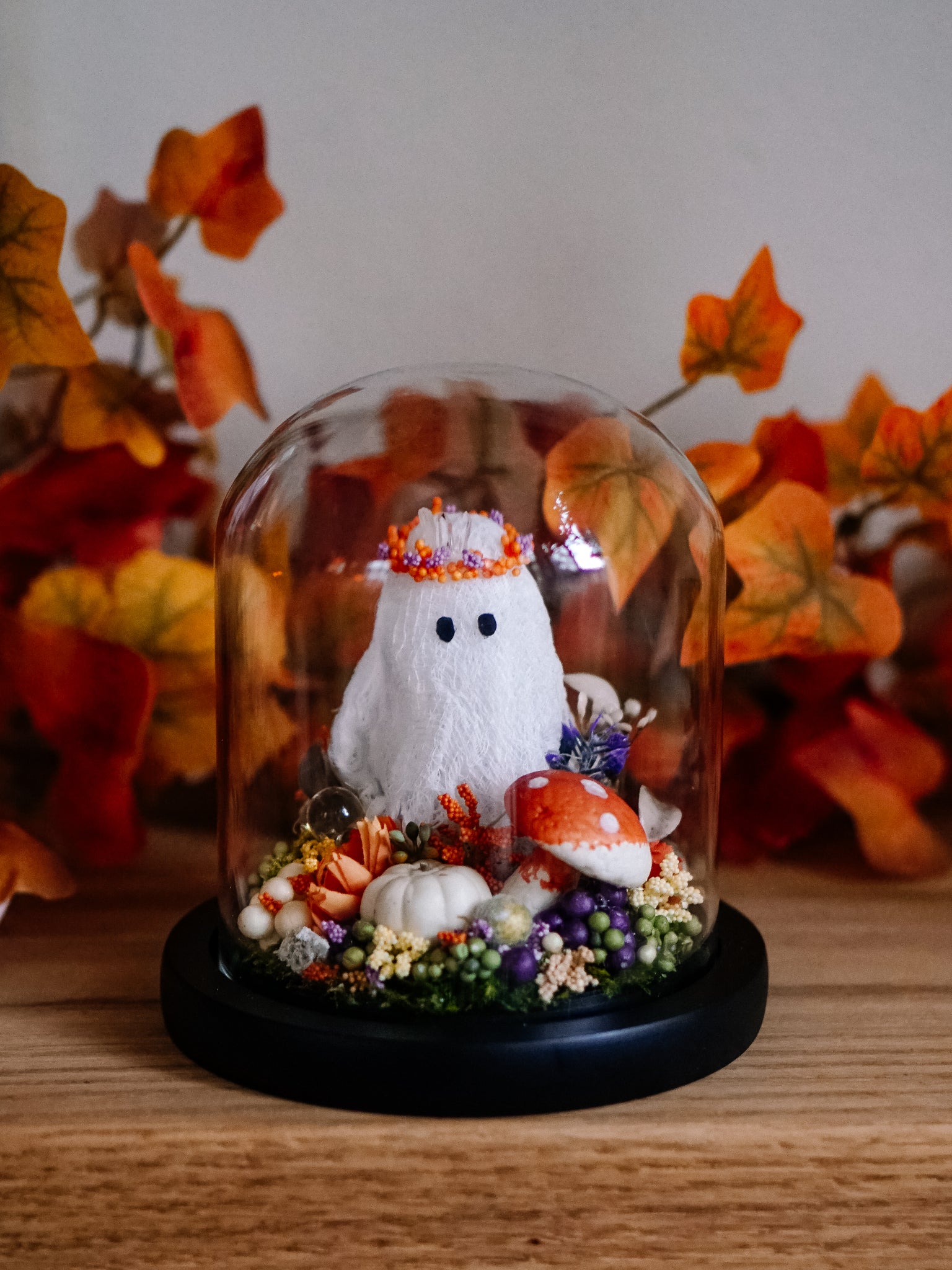 Autumnal Ghostie In Glass Cloche