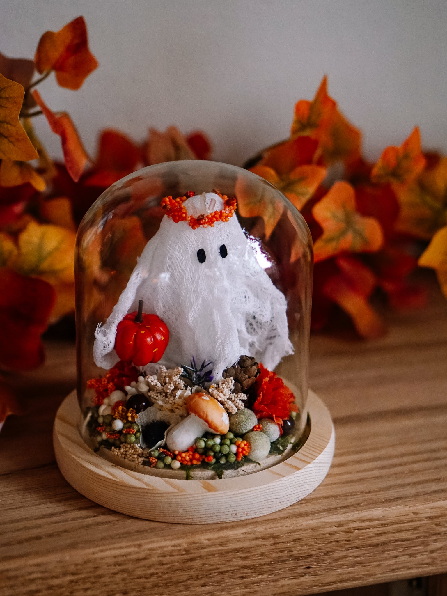 Autumnal Ghostie In Glass Cloche