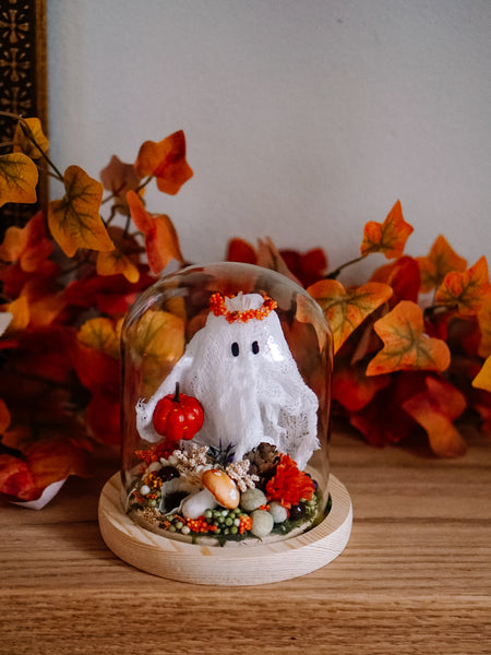 Autumnal Ghostie In Glass Cloche