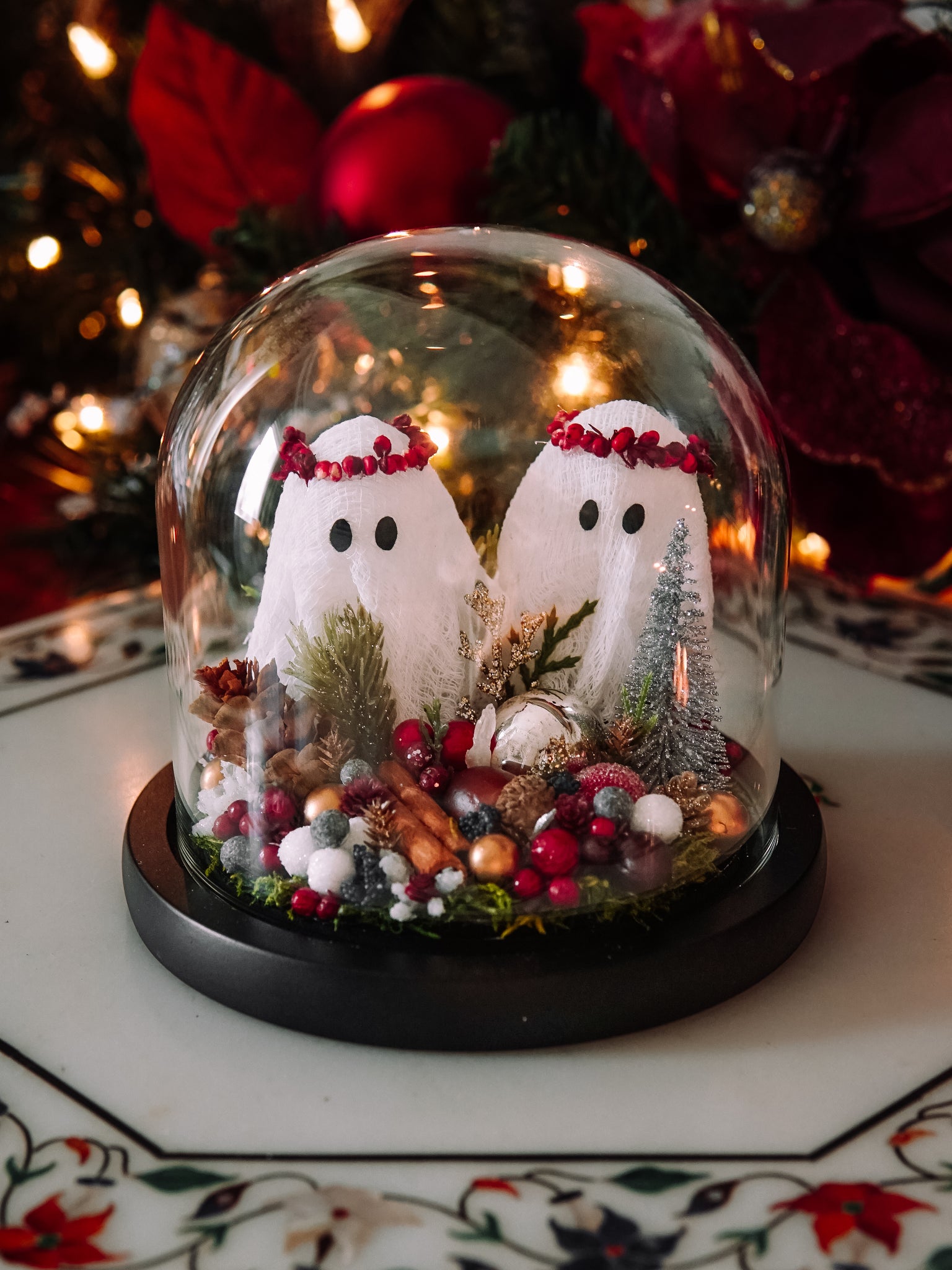 Yuletide Winter Ghostie Besties In Glass Cloche