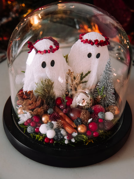 Yuletide Winter Ghostie Besties In Glass Cloche