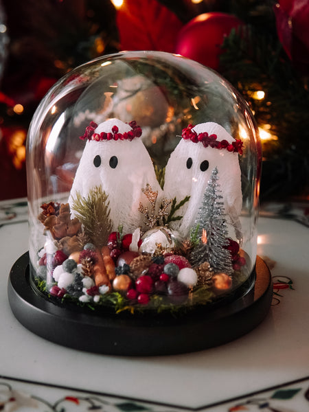 Yuletide Winter Ghostie Besties In Glass Cloche