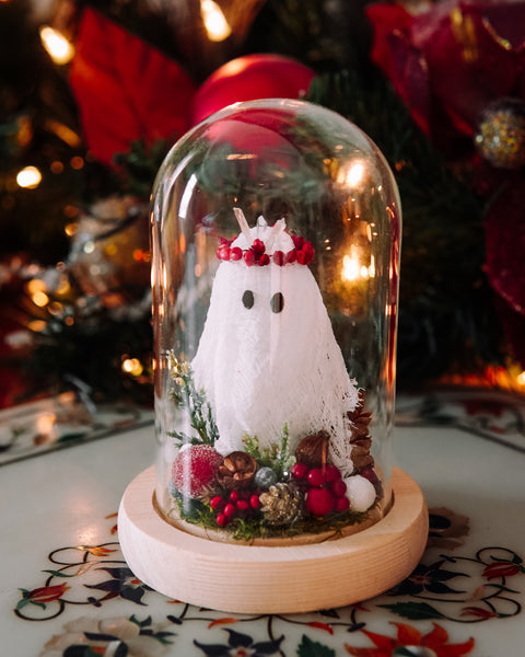 Yuletide Winter Ghostie In Glass Cloche (itty bitty)